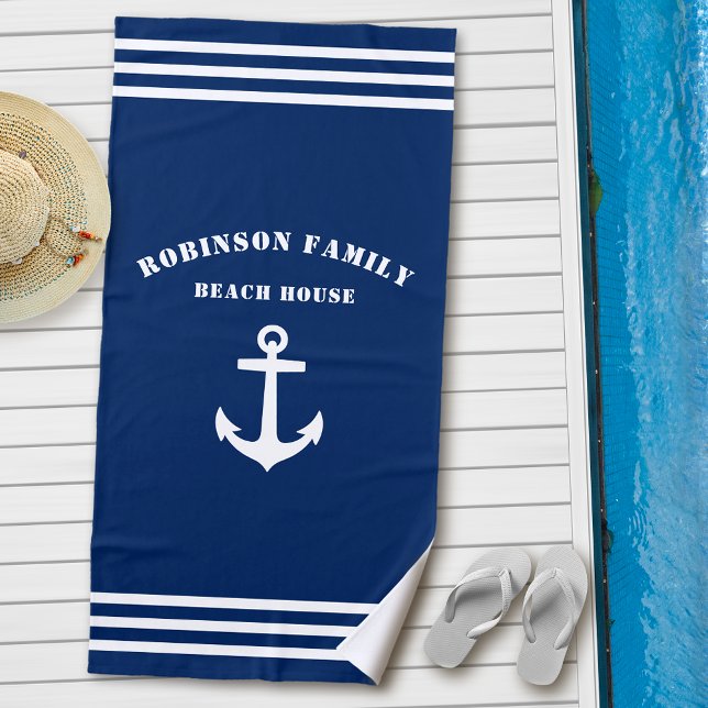 Nautical Anchor Family Beach House Navy Strandtuch (Von Creator hochgeladen)