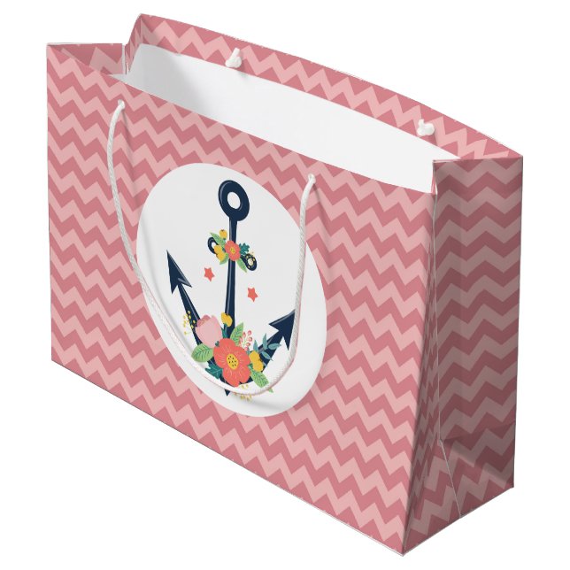 Nautical Anchor Floral Baby Girl Dusche Party Große Geschenktüte (Rückseite Schrägansicht)