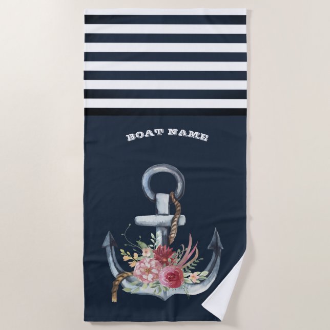 Nautical Anchor Floral Boat Name Navy Blue Strip Strandtuch (Vorderseite)