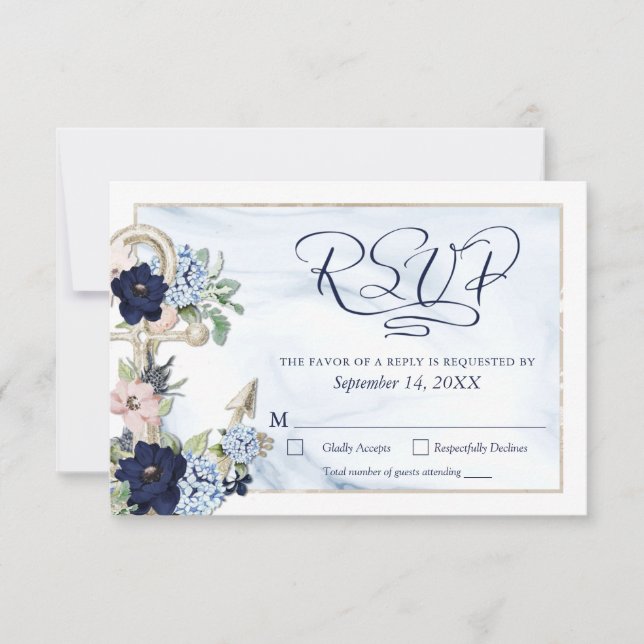 Nautical Anchor Floral Elegantes Skript Navy Blue RSVP Karte (Vorderseite)