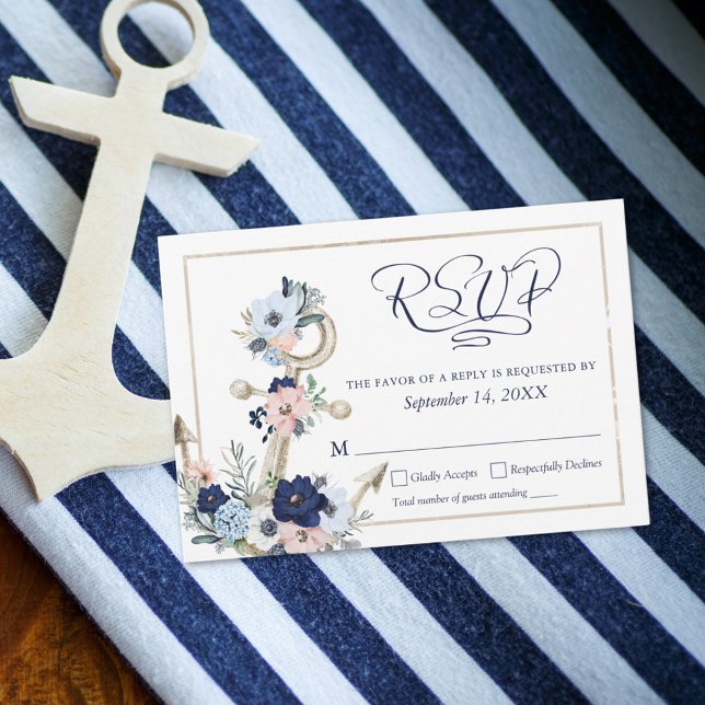 Nautical Anchor Floral Elegantes Skript Navy Blue RSVP Karte (Von Creator hochgeladen)