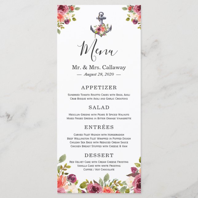 Nautical Anchor Floral Navy Blue Wedding Menu Menükarte (Vorderseite)