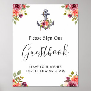 Nautical Anchor Floral Wedding Guestbook Sign Poster