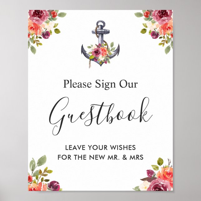 Nautical Anchor Floral Wedding Guestbook Sign Poster (Vorne)