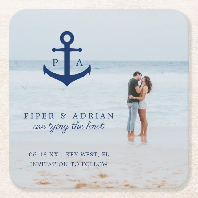 Nautical Anchor Foto Wedding Save the Date Rechteckiger Pappuntersetzer (Vorderseite)