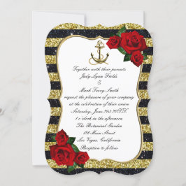 Nautical Anchor Gold Black Stripes Beach Hochzeit Einladung