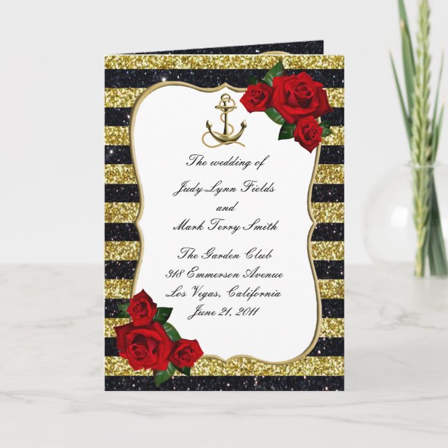 Nautical Anchor Gold Black Stripes Hochzeitsprogra Karte (Vorderseite)