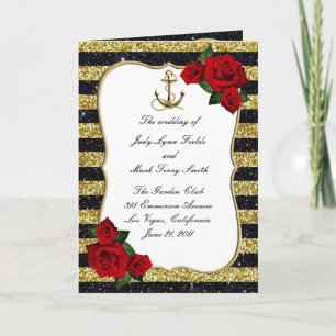 Nautical Anchor Gold Black Stripes Hochzeitsprogra Karte
