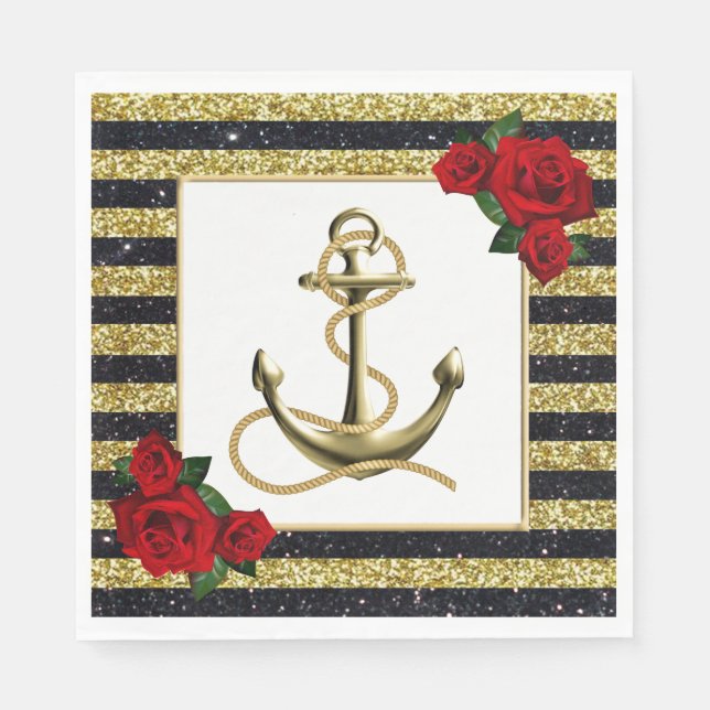 Nautical Anchor Gold Black Stripes Wedding Napkins Serviette (Vorderseite)