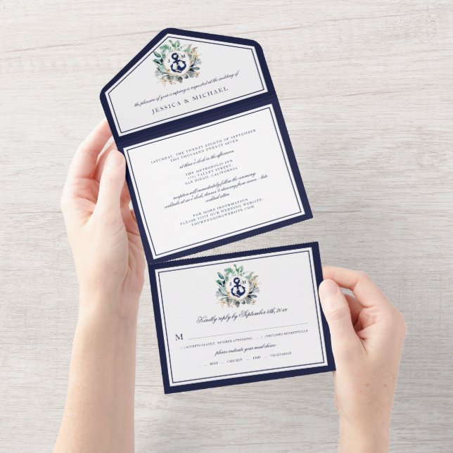 Nautical Anchor Greenerity Wreath Navy Hochzeit All In One Einladung (Abreißen)