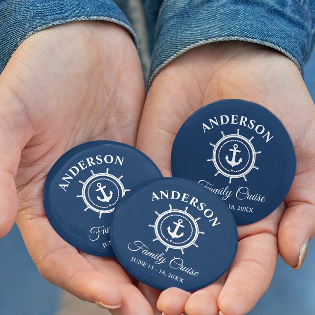 Nautical Anchor Helm Navy Blue Family Cruise Button (Customize to change background color.)