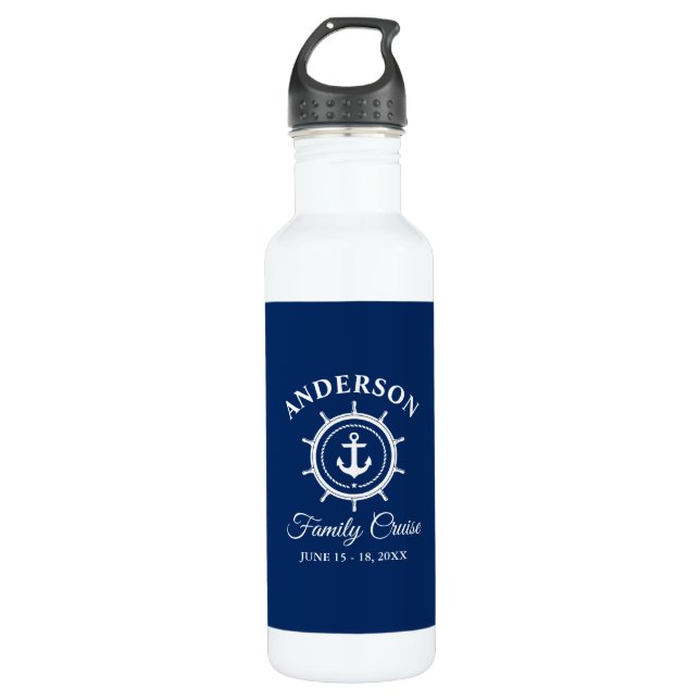 Nautical Anchor Helm Navy Blue Family Cruise White Edelstahlflasche (Vorderseite)