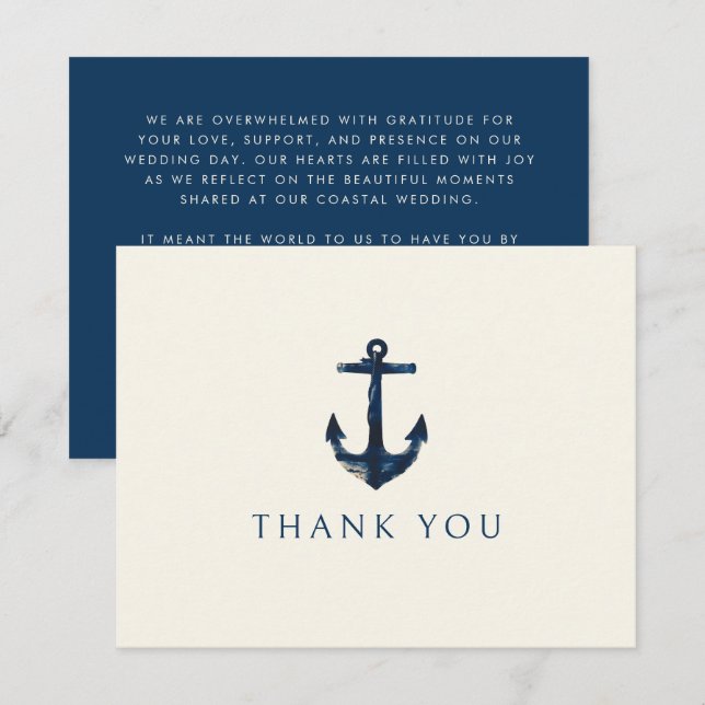 Nautical Anchor Moderne blaue Hochzeit der Marine Dankeskarte (Vorne/Hinten)