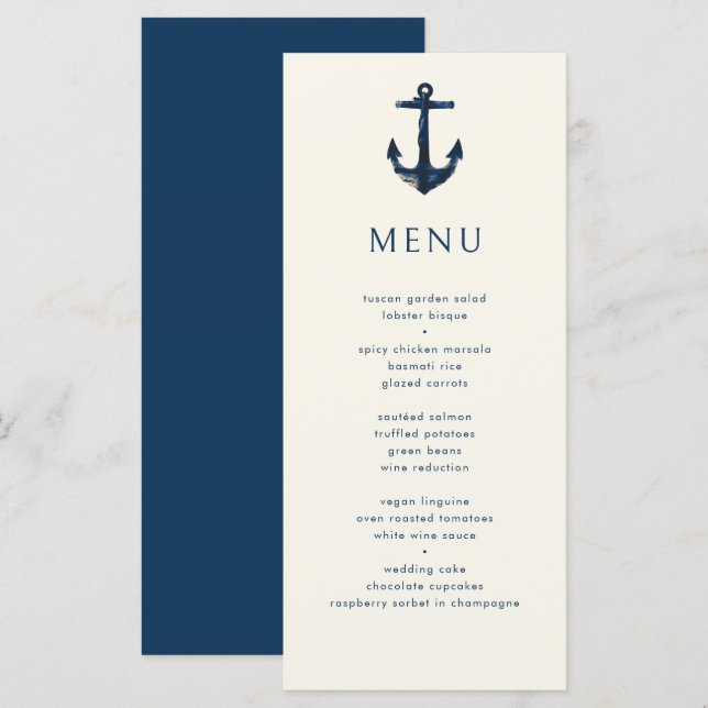 Nautical Anchor Moderne einfache Hochzeit der Mari Menükarte (Vorne/Hinten)