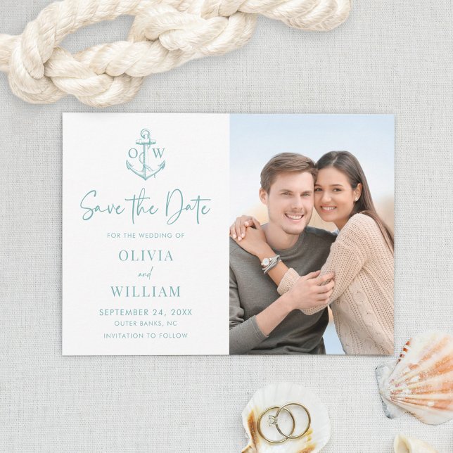 Nautical Anchor Monogram Aqua Blue Wedding Foto Save The Date (Von Creator hochgeladen)