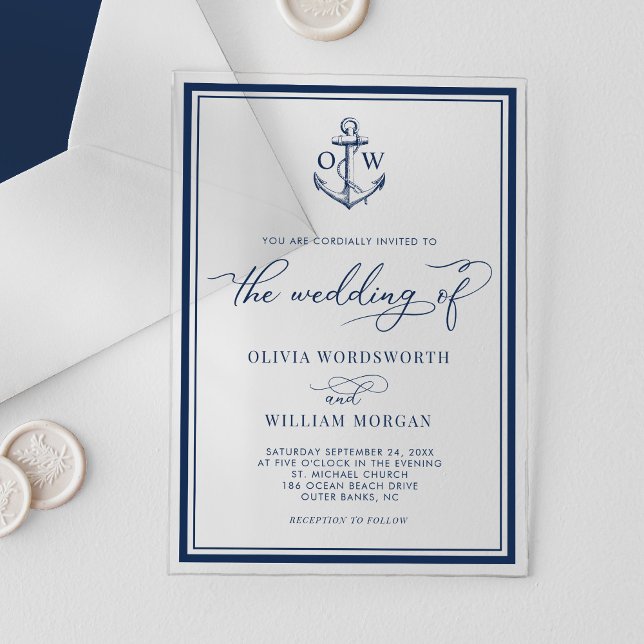 Nautical Anchor Monogram Frame Navy Hochzeit Acryleinladungen (Von Creator hochgeladen)