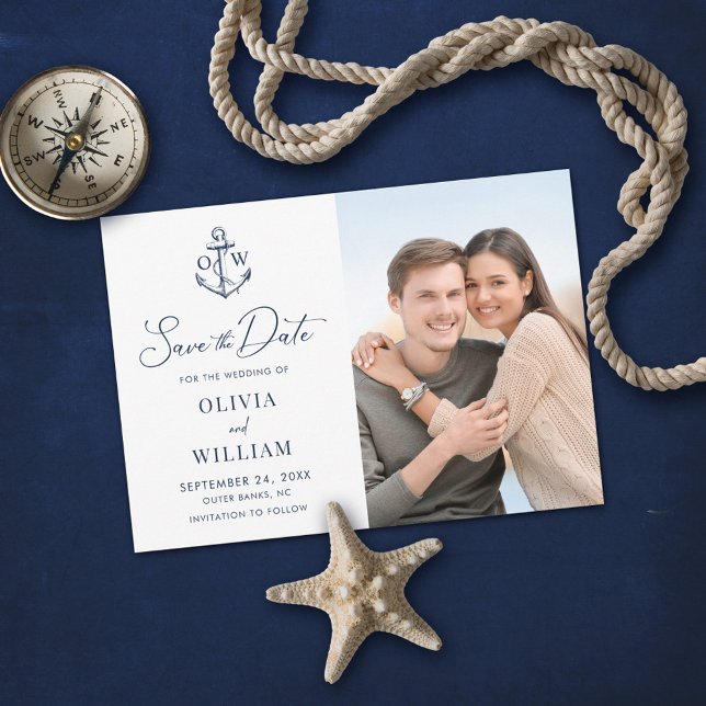 Nautical Anchor Monogram Navy Blue Wedding Foto Save The Date (Von Creator hochgeladen)