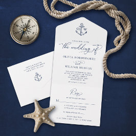Nautical Anchor Monogram White Navy Hochzeit All In One Einladung