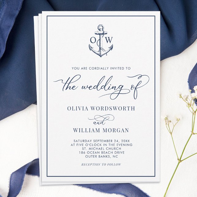 Nautical Anchor Monogram White Wedding Einladung (Von Creator hochgeladen)