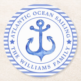 Nautical Anchor Navy Blau Streifen Personalisiert Runder Pappuntersetzer