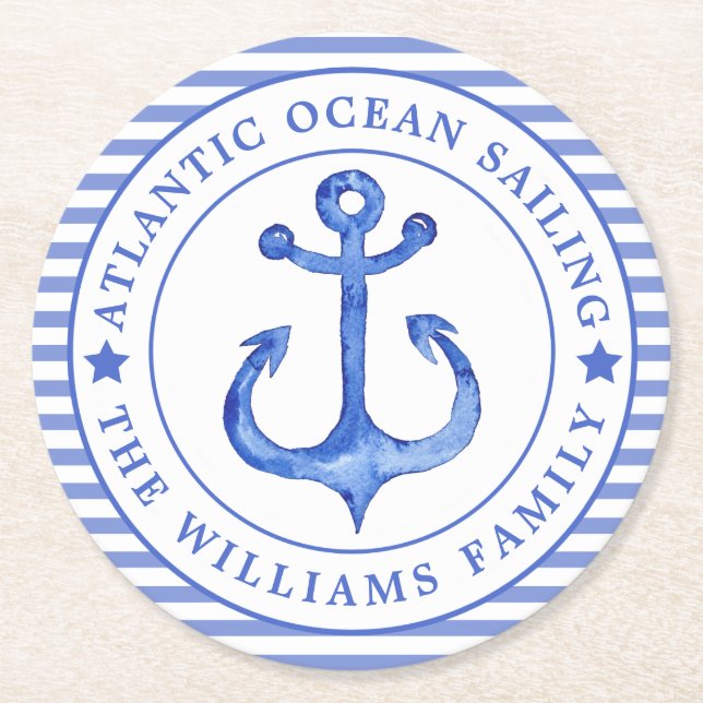 Nautical Anchor Navy Blau Streifen Personalisiert Runder Pappuntersetzer (Vorderseite)