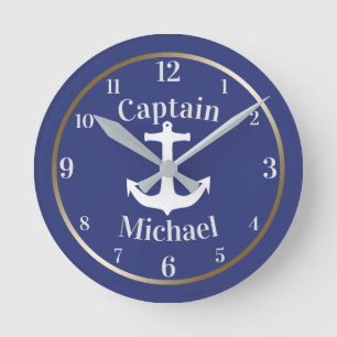 Nautical Anchor Navy Blue Boat Captain Runde Wanduhr