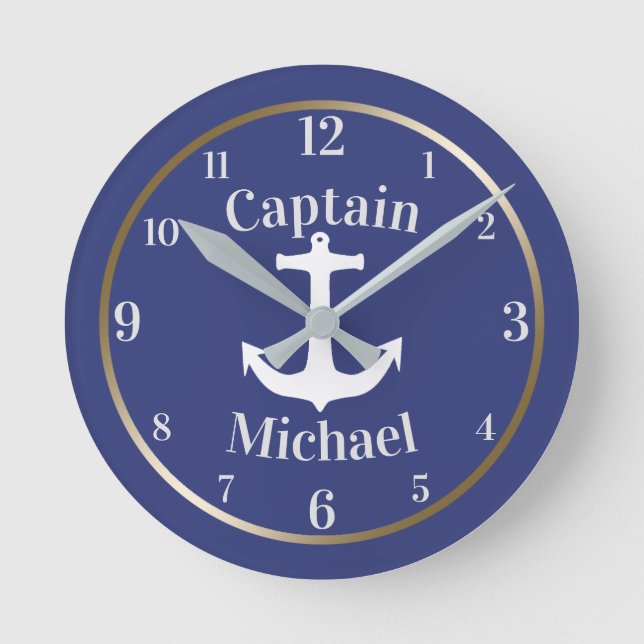 Nautical Anchor Navy Blue Boat Captain Runde Wanduhr (Vorderseite)