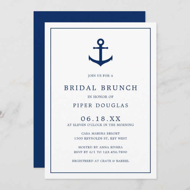 Nautical Anchor Navy Blue Elegante Bridal Brunch Einladung (Vorne/Hinten)