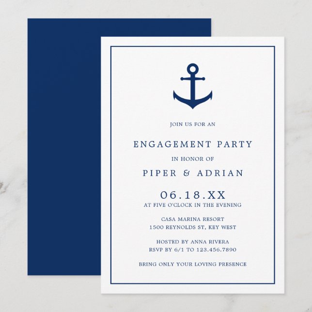 Nautical Anchor Navy Blue Elegante Engagement Part Einladung (Vorne/Hinten)