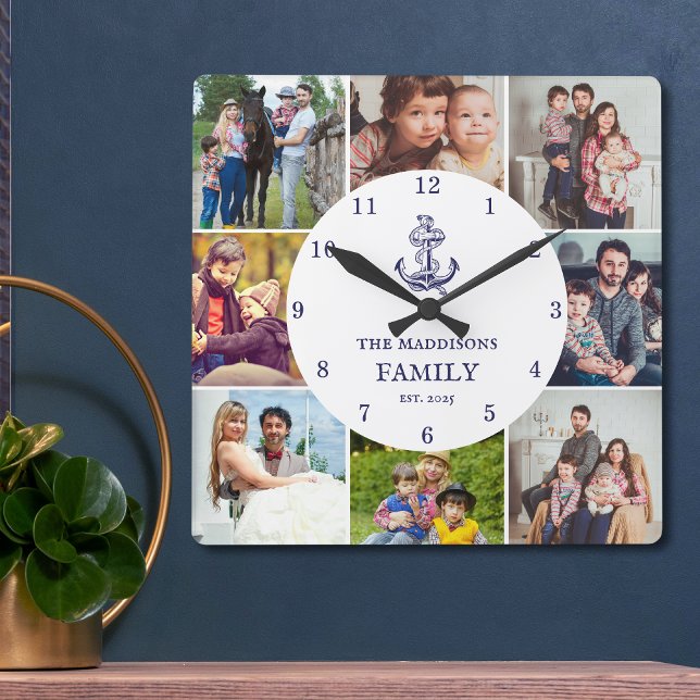 Nautical Anchor Navy Blue Family 8 Photo Collage Quadratische Wanduhr (Von Creator hochgeladen)