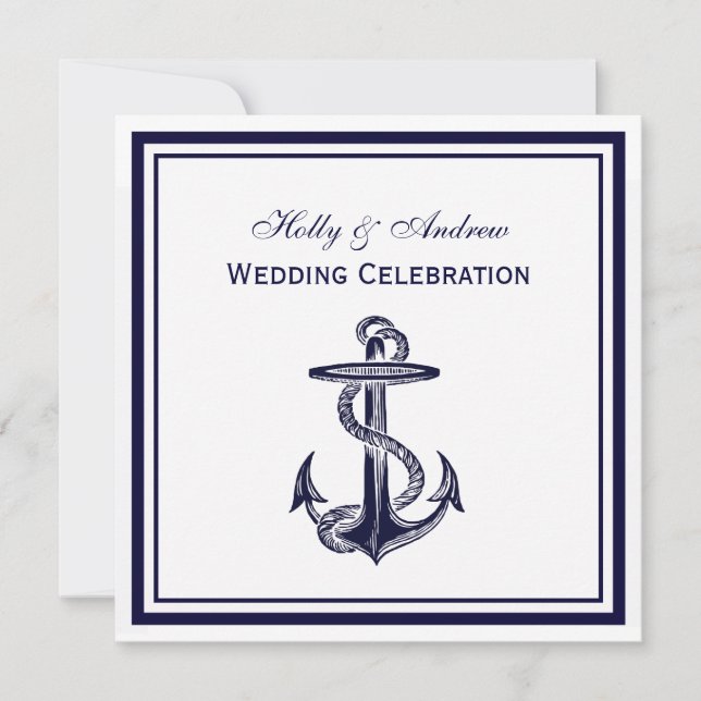 Nautical Anchor Navy Blue Gerahmt 2SQ Hochzeit Einladung (Vorderseite)