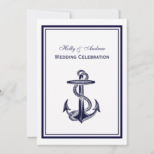 Nautical Anchor Navy Blue Gerahmt 2V Wedding Einladung (Vorderseite)