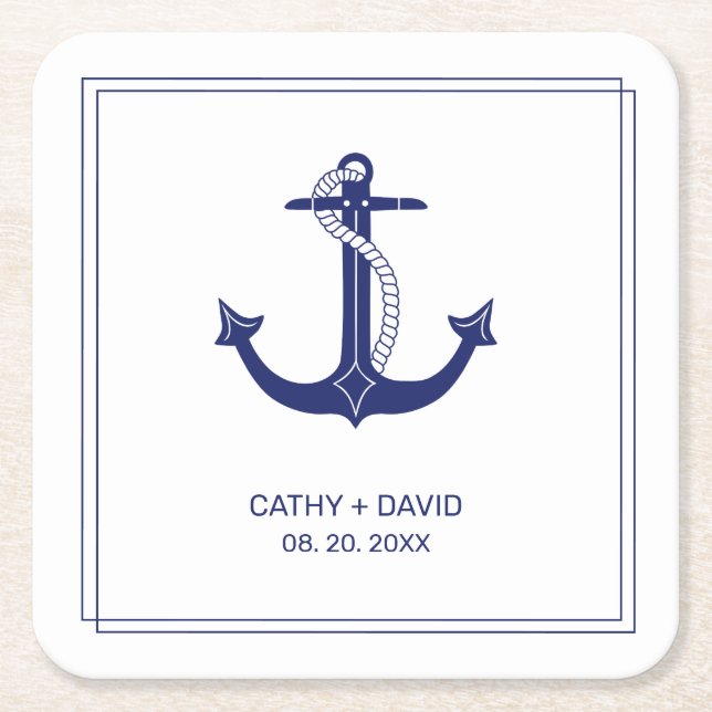Nautical Anchor Navy Blue Monogram Names Wedding Rechteckiger Pappuntersetzer (Vorderseite)