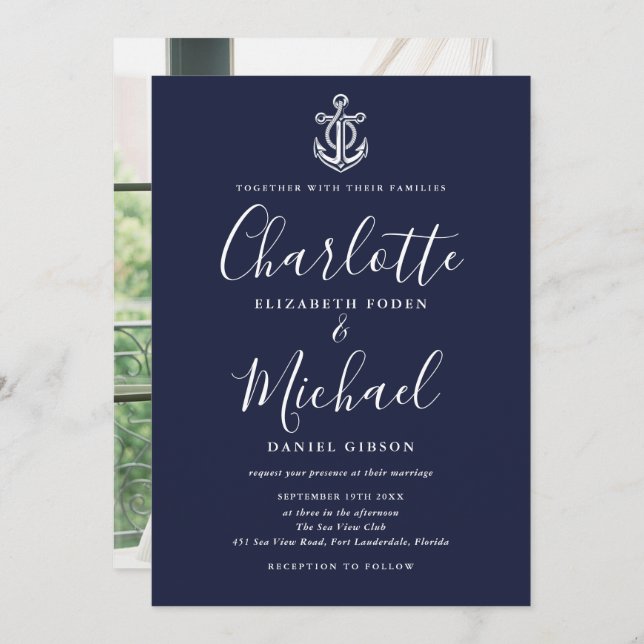 Nautical Anchor Navy Blue Script Foto Hochzeit Einladung (Vorne/Hinten)