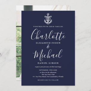 Nautical Anchor Navy Blue Script Foto Hochzeit Einladung