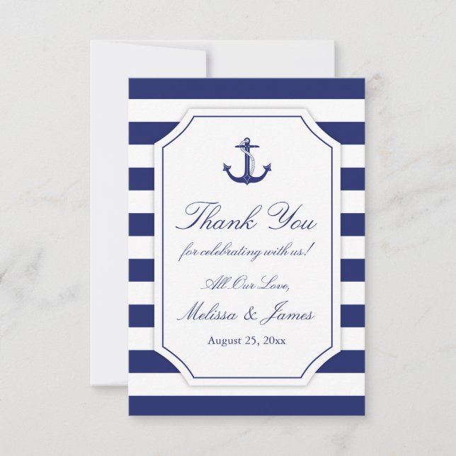 Nautical Anchor Navy Blue Stripe Hochzeit Vielen D Dankeskarte (Vorderseite)