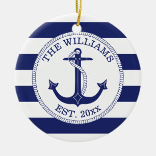 Nautical Anchor Navy Blue Stripe Mit Monogramm Keramik Ornament