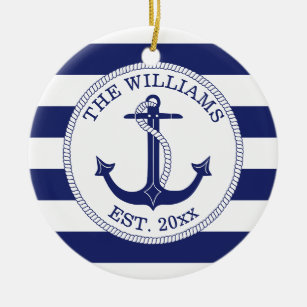 Nautical Anchor Navy Blue Stripe Mit Monogramm Keramik Ornament