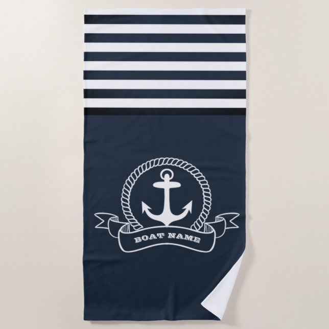 Nautical Anchor Navy Blue Stripe Strandtuch (Vorderseite)