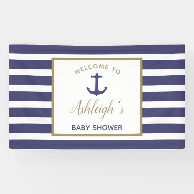 Nautical Anchor Navy Blue Stripes Boy Baby Dusche Banner (Horizontal)