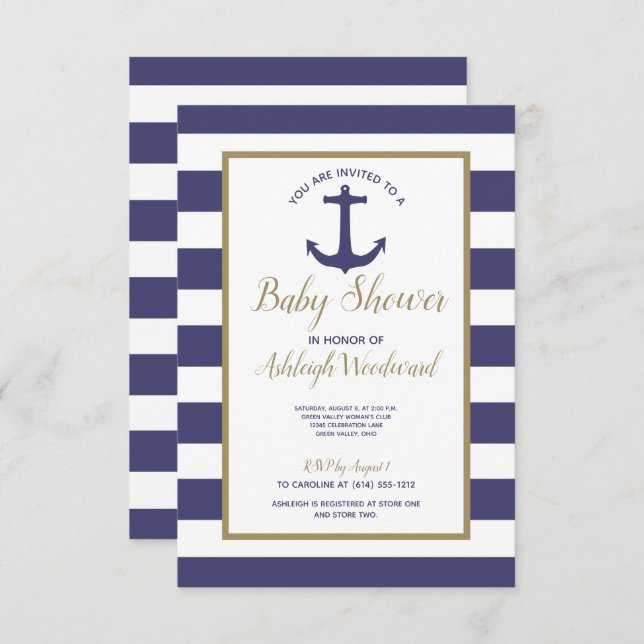 Nautical Anchor Navy Blue Stripes Boy Baby Dusche Einladung (Vorne/Hinten)