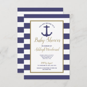 Nautical Anchor Navy Blue Stripes Boy Baby Dusche Einladung