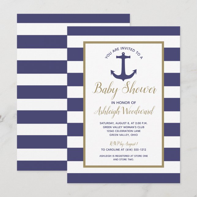 Nautical Anchor Navy Blue Stripes Boy Baby Dusche Einladung (Vorne/Hinten)