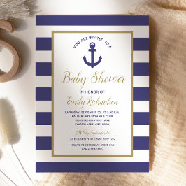 Nautical Anchor Navy Blue Stripes Boy Baby Dusche Einladung