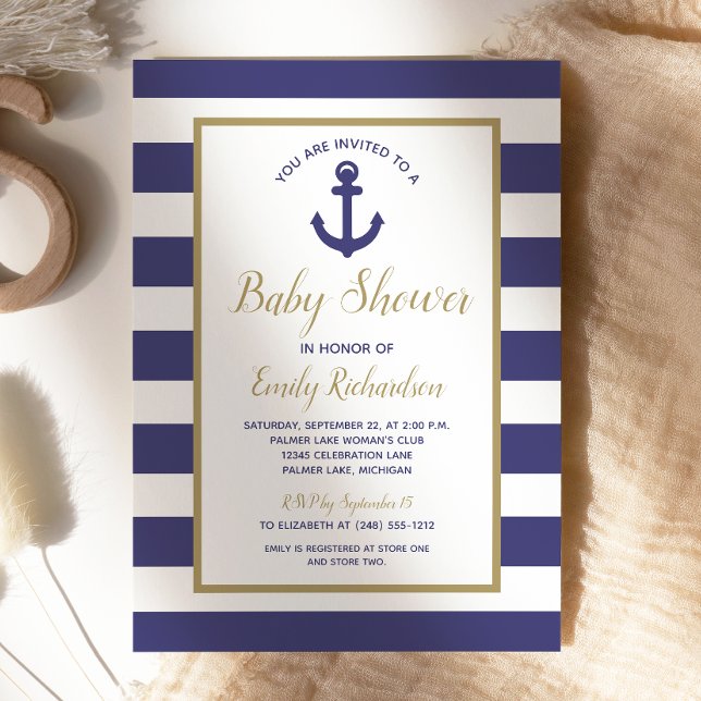 Nautical Anchor Navy Blue Stripes Boy Baby Dusche Einladung (Von Creator hochgeladen)