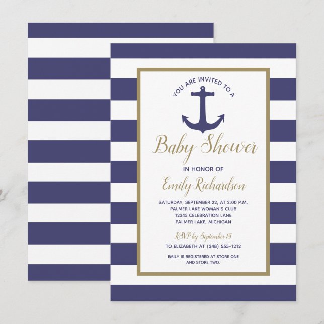 Nautical Anchor Navy Blue Stripes Boy Baby Dusche Einladung (Vorne/Hinten)