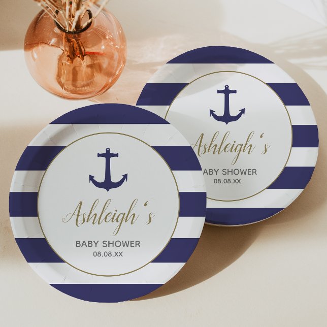 Nautical Anchor Navy Blue Stripes Boy Baby Dusche Pappteller (Von Creator hochgeladen)