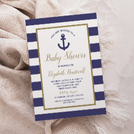 Nautical Anchor Navy Blue Stripes Boy Baby Shower Einladung