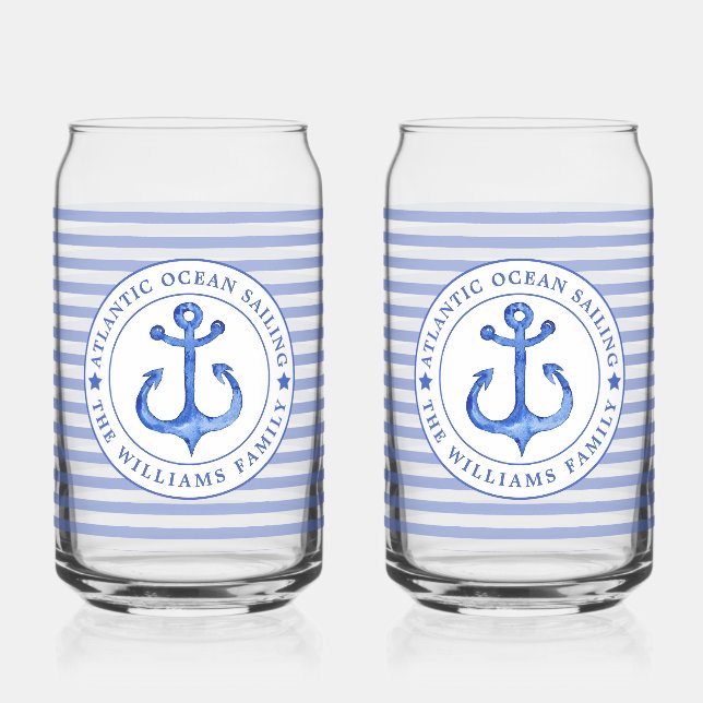 Nautical Anchor Navy Blue Striping Personalisiert Dosenglas (Vorderseite)