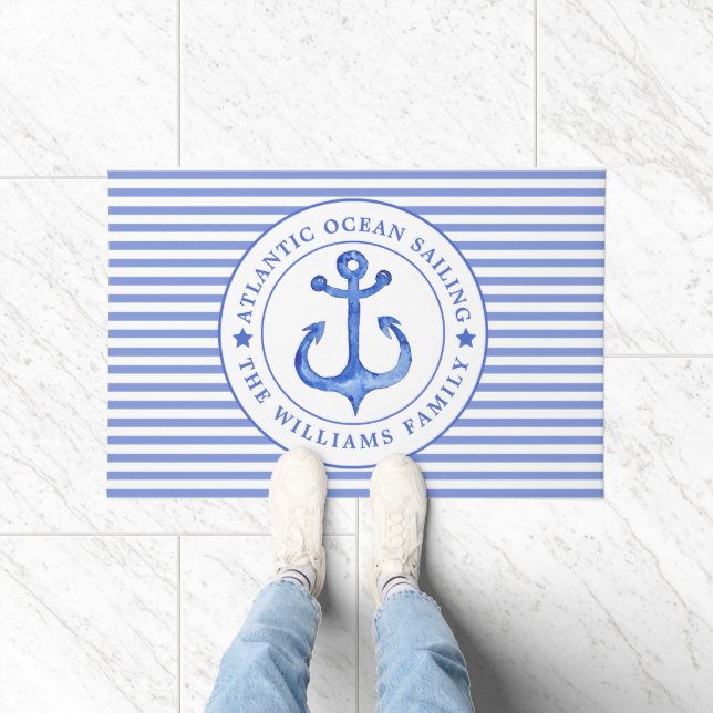 Nautical Anchor Navy Blue Striping Personalisiert Fußmatte (Indoor)
